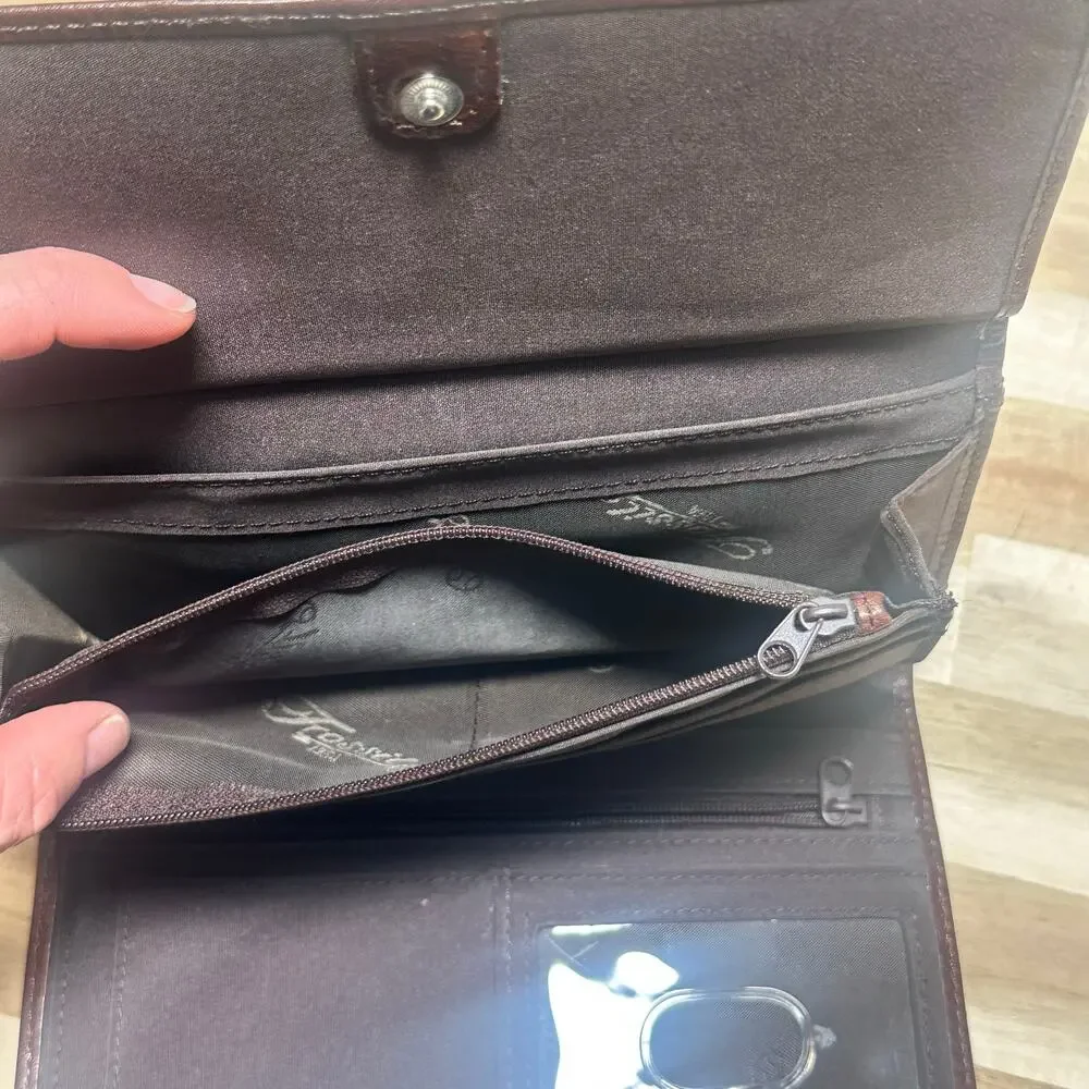 Fossil Genuine Leather Wallet‎ Clutch Organizer Burgundy Brown Trifold Zip EUC